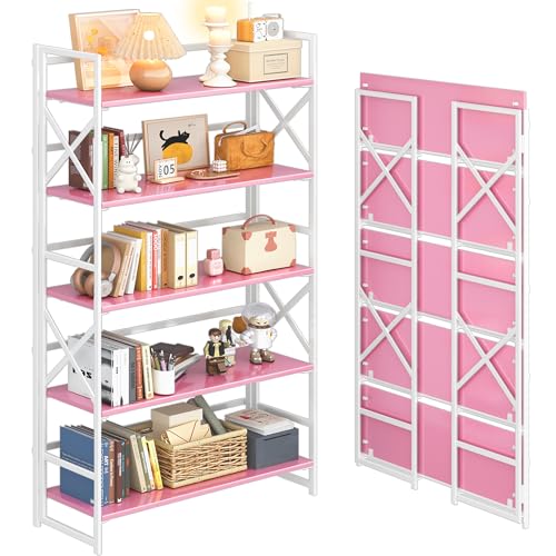 4NM Extra Wide 5 Tiers No Assembly Book Shelves, 51.2" H Folding Bookshelf Bookcase Open Industrial Foldable Shelves for Bedroom, Living Room, Home Office - Pink White - color: Pink White, size: Wide XX 5-Tier