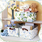 Boao 3 Pcs Blue Hydrangea Bow Storage Bin Flowers Collapsible Large Storage Baskets for Gifts Canvas Laundry Basket Foldable Box with Handle for Office Home Bedroom Clothes - style: Blue Hydrangea