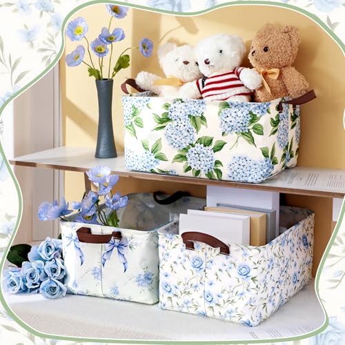 Boao 3 Pcs Blue Hydrangea Bow Storage Bin Flowers Collapsible Large Storage Baskets for Gifts Canvas Laundry Basket Foldable Box with Handle for Office Home Bedroom Clothes - style: Blue Hydrangea