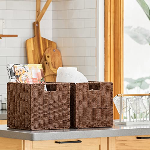 Vagusicc Wicker Storage Basket, Set of 2 Hand-Woven Storage Baskets for Shelves with Handles, Foldable Cube Storage Baskets Bins Organizer, 13 inch Large Wicker Baskets for Pantry Bedroom Decor, Brown - color: Brown, size: 13'' x 13'' x 13''