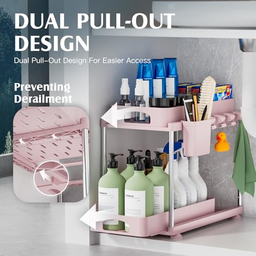 VERIFOST Under Sink Organizer, 2 Pack Kitchen and Bathroom Cabinet Organizer, 2 Tier Adjustable Height Storage, Pink - color: Pink