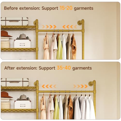 ONBRILL H3 Wall Mounted Closet System, Expandable Industrial Pipe Clothes Rack Clothing Rack for Hanging Clothes, Heavy Duty Closet Organizers and Storage in Wardrobe Closet, Gold - color: Gold