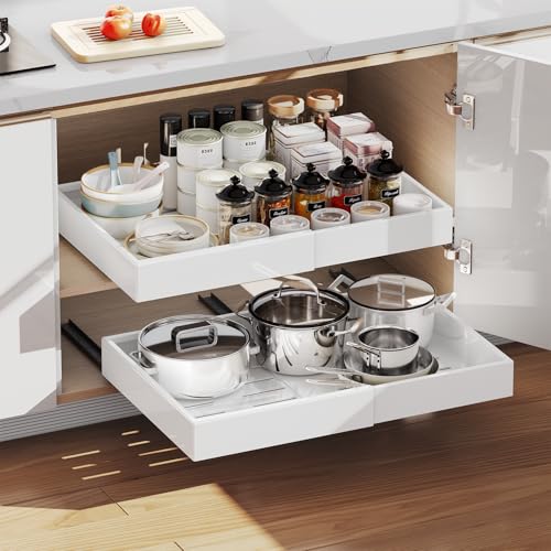Pull out Cabinet Organizer,Extendable (12"-20") Heavy-Duty Pull-Out Drawers – Secured with Nano Adhesive Tape, Ideal for Cookware Storage, for Kitchen Base Cabinets (21" Dx12-20" W(1 Pack)) - color: White, size: 21" Dx12"-20"W(1 Pack)
