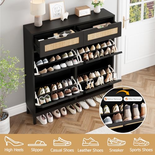 Jocoevol Rattan Shoe Cabinet for Entryway with 4 Flip Drawers and 2 Drawers, Narrow Freestanding Shoe Storage Cabinet with Metal Legs for Entryway/Hallway/Foyer (Black) - color: Black