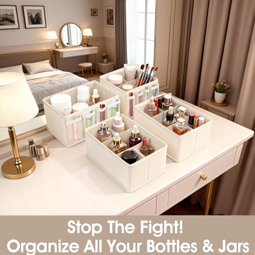 VERONLY Cosmetic Storage Bins Makeup Organizer, Adjustable Multifunction Storage Box Desk Drawer Divider for Makeup Brushes, Bathroom Countertop or Dresser, Set of 4 - style: Beige 4PC