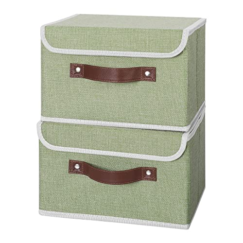 ANMINY 2PCS Storage Bins with Lid PU Leather Handles Storage Boxes PP Plastic Board Decorative Foldable Lidded Cotton Linen Fabric Home Cubes Baskets Closet Organizer Containers - Green, Small Size - color: Mint Green, size: Small (Pack of 2)