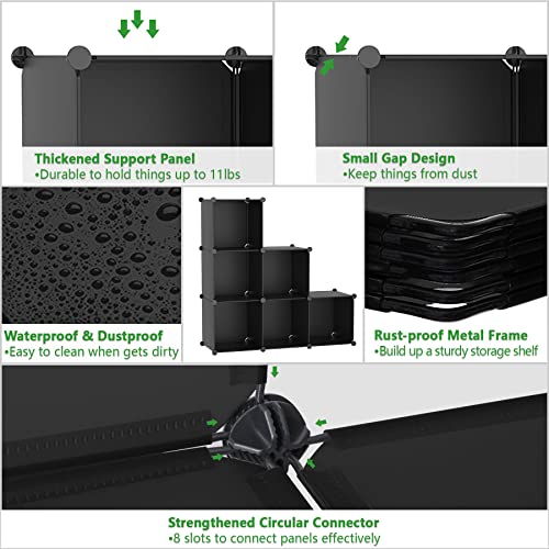 C&AHOME 6-Cube Storage Organizer, Stackable Storage Cubes Shelves, Portable Bookshelf, Plastic Clothing Storage Closet Organizer, DIY Modular Shelving Units for Wardrobe, Home, Black - color: Black