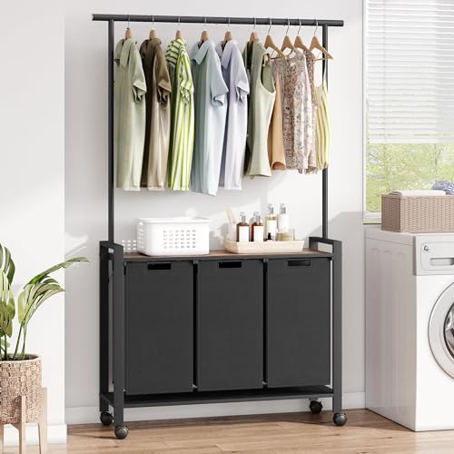 IDEALHOUSE Laundry Sorter, Rolling Laundry Hamper with Hanging Rack, Laundry Hamper 3-Section with Wheels, Hampers for Laundry, Laundry Basket Organizer for Laundry Room, Rustic Brown - size: L2 Size
