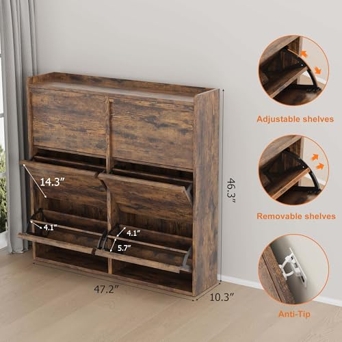 GarveeHome Shoe Cabinet with 6 Flip Drawers, Wooden Shoe Organizer Cabinet with Adjustable Shelf, Shoe Storage for Entryway, Hidden Shoe Cabinet for Hallway, Living Room, Rustic Brown - color: Rustic Brown, size: 6-Drawers