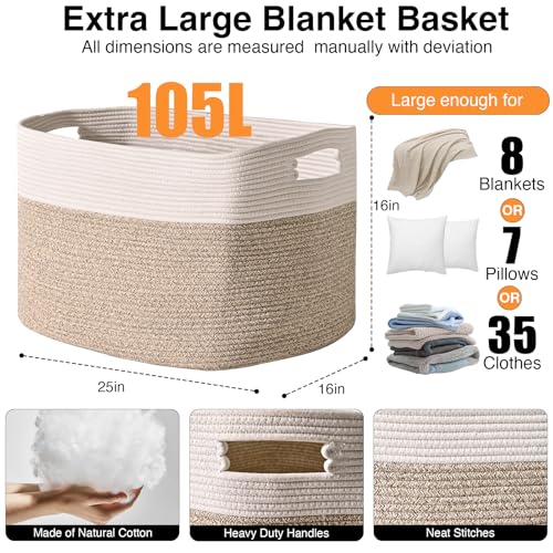 ICERZCZ Extra Large Blanket Basket for Living Room, Rectangle Woven Cotton Rope Storage for Blankets, Toys, Clothes, Shoes, 25”x16”x16”, Off White & Brown, 108L - color: Off White & Brown, size: 25”x16”x16”