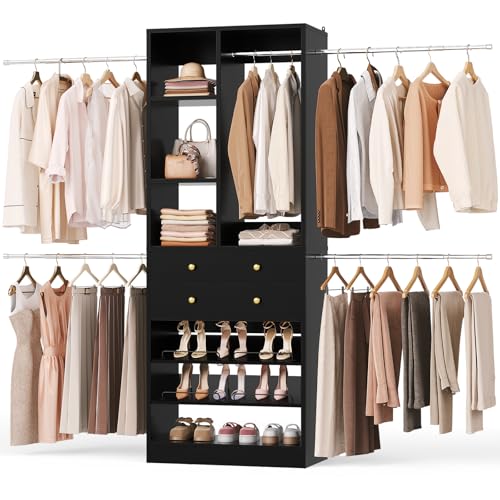 Besiost Closet System, 4.2–8.8 FT Closet Organizer with 2 Wooden Drawers and Shelves, Walk-in Closet System with 5 Hang Rods, Built-in Reach in Closet Tower, Can Fit 60 to 96 inch, Black - color: Black