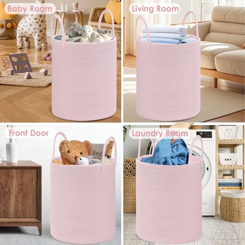 Large Woven Laundry Basket Hamper,100L Cotton Rope Storage Bin for Blankets,Toys and Clothes,Decorative Tall Nursery Hamper for Living Room,Baby Nursery,Bathroom and Bedroom,(Pink, XX Large) - color: Pink, size: 100L