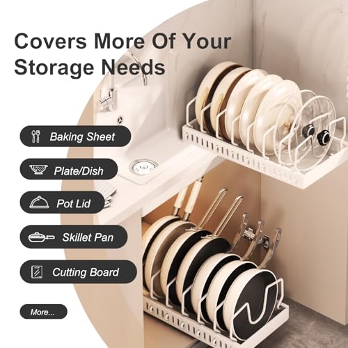 Pots and Pans Organizer Under Cabinet 2 Pack, Pull-Out Cabinet Organizer for Pot Lids, Bakeware, Dishes, 8 Adjustable Dividers (White - color: White