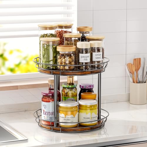 LAMU 12'' Lazy Susan Turntable Organizer, 2 Tier Round Rotating Spice Rack Organization for Kitchen Cabinet and Countertop, Wooden Lazy Susan for Table Top, Pantry, Bathroom, Vanity, Home Decor - size: 12in - 2Tier