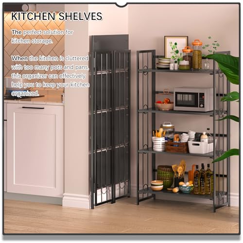 4NM No Assembly 4 Tiers Folding Bookshelf, 47.2" H Foldable Storage Shelves Vintage Bookcase Standing Racks Study Organizer Home Office - All Black - color: All Black, size: 4-Tier