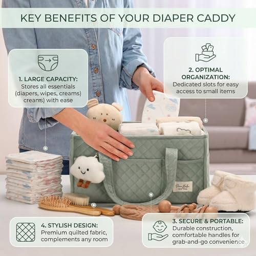 PeraBella Baby Diaper Caddy Organizer, Baby Basket Shower Gift, Portable Changing Table Basket, Postpartum Caddy & Tote Bag Pouch, Newborn Boy & Girl Nursery Essentials Registry, Car Diaper Organizer - color: Sage Green