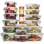 Razab 35 Pc Set Glass Food Storage Containers with Lids - Meal Prep Airtight Bento Boxes BPA-Free 100% Leak Proof (15 lids,15 glass & 5 Plastic Sauce/Dip Containers) - color: White