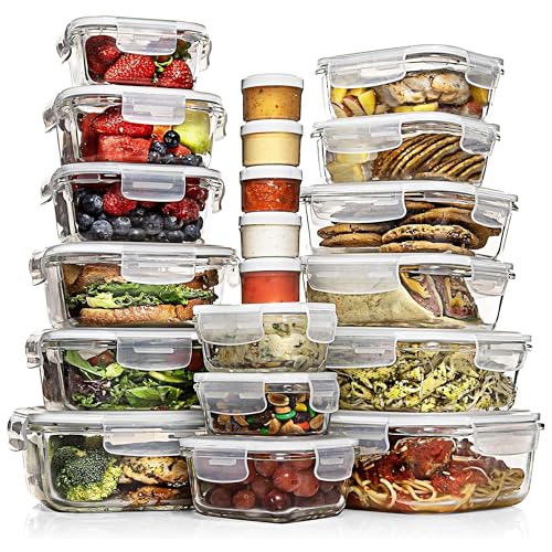 Razab 35 Pc Set Glass Food Storage Containers with Lids - Meal Prep Airtight Bento Boxes BPA-Free 100% Leak Proof (15 lids,15 glass & 5 Plastic Sauce/Dip Containers) - color: White