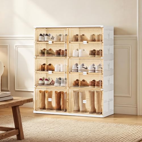 JEKO&JEKO 5 Tiers Foldable Boot and Shoe Storage Rack Cabinet for Closet Entryway, Large Collapsible Shoe Organizer with Magnetic Doors (White) - color: Double-row, size: 5 Tiers (4+1 Boots)