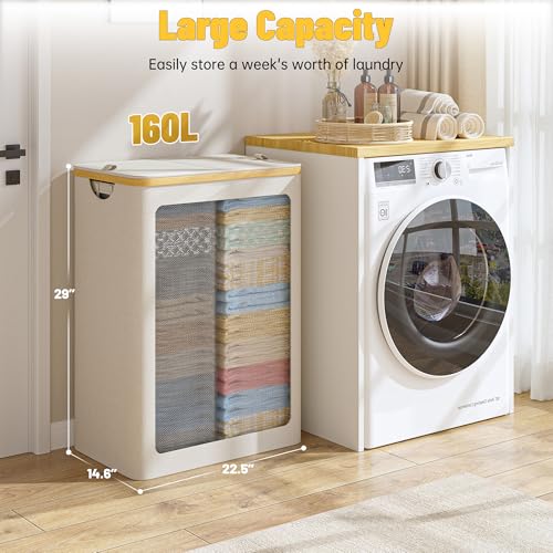 160L Double Laundry Hamper with Lid 2 Section, Large Bamboo Laundry Basket with 2 Removable Bags, Clothes Hampers for Laundry for Bedroom, Bathroom, Dorm, Laundry Room, Beige - color: Beige, size: 160L