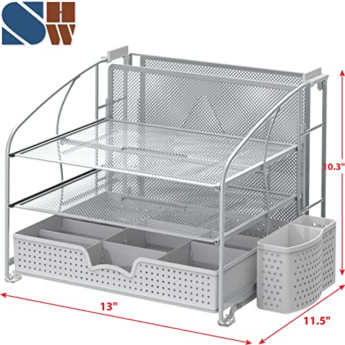 Simple Houseware 3-Tier Desk Organizer with Sliding Drawer, Hanging File Holder and Pen Holder Accessory, Silver - color: Silver, size: 1 Pack