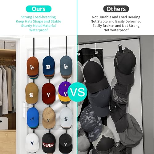 HapiRm Over Door Hat Rack - 3 Packs Hat Organizer with 12 Hooks Design, Hanging Baseball Cap Organizer Storage Holds Up to 60 Caps for Door, Bedroom, Closet (Black) - color: Black, size: 3 Pack
