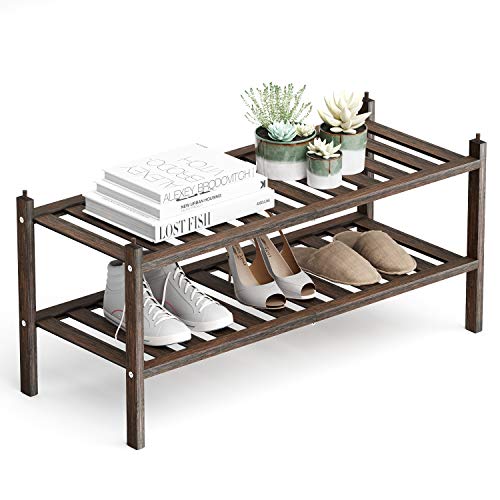 Dranixly Bamboo 2-Tier Shoe Rack Stackable Shelf Storage Organizer for Entryway, Hallway and Closet, 27.2"x11"x13.2" (Mocha) - color: Mocha, size: 2-Tier