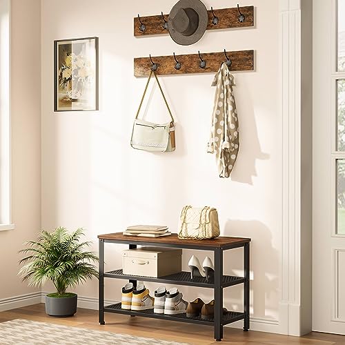 HOOBRO Hall Tree Entryway Storage Bench, Coat Rack Shoe Bench, Shoe Rack Organizer with Coat Hooks, 3-in-1 Design, Wooden Furniture with Metal Frame, Rustic Brown and Black BF17MT01 - color: Rustic Brown, Black, size: 28.7"L x 11.8"W x 17.5"H
