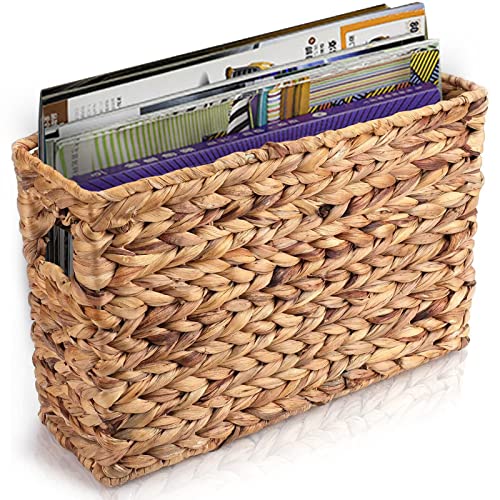 Yesland Hand-Woven Narrow Water Hyacinth Holder Wicker Basket, 15.5 x 5.5 x 9.75 Inch Decorative Magazine Storage Basket Bin for Home, Office, Desk