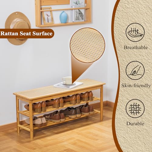 Bamboo Entryway Bench with Woven Rattan Seat, 2-Tier Shoe Storage Bench for Hallway & Entryway 39.4 inches Nature - color: Nature, size: 39.4 inch