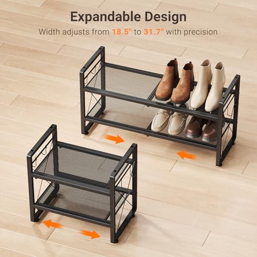 ELYKEN Shoe Rack, 2-Tier Expandable Shoe Organizer for Entryway, Metal Black Shoe Shelf with 4 Hooks, Ajustable Shoe Stand Holder for Closet, Garage, Door Entrance - size: 2-Tier