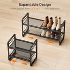 ELYKEN Shoe Rack, 2-Tier Expandable Shoe Organizer for Entryway, Metal Black Shoe Shelf with 4 Hooks, Ajustable Shoe Stand Holder for Closet, Garage, Door Entrance - size: 2-Tier
