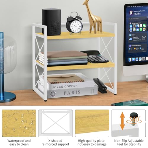 YINMIT Desktop Shelf Organizer, 2 Tier Office Shelves, Wood Desk Organizer Storage Rack and Freestanding Display Shelf for Office, Dormitory, Home (White Wood) - color: White+wood