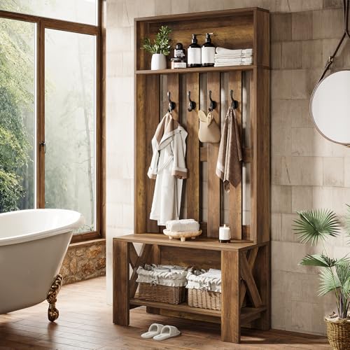 Tribesigns Hall Tree with Bench and Shoe Storage, 70.8" Tall Freestanding Coat Rack with Shoe Bench, Farmhouse Narrow Hall Tree Organizer with Hooks for Entryway, Hallway, Mudroom, Space-Saving, Brown