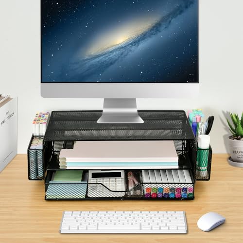 AUPSEN 2 Tier Computer Monitor Stands with Drawer and 2 Pencil Holder, Metal Monitor Stand Monitor riser, Computer Desk Organizer and Accessories for Laptop, Computer, Printer, Office Supplies(Black) - color: Black Metal
