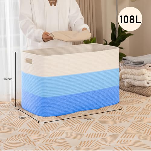 OIAHOMY 108L Super Large Blanket Basket, 25”x16”x16” Rectangle Woven Baskets for Storage, Cotton Rope Basket For Living Room, Toy Storage with Handle - Gradient Light Blue - color: Gradient Light Blue