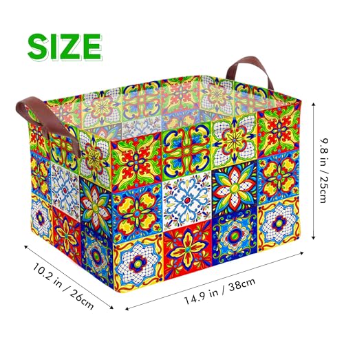 Mexican Talavera Decoration Storage Basket Waterproof Canvas Toy Storage Bin Collapsible Outdoor Basket with Leather Handles Mexican Talavera Decor Blanket Baskets For Closets,Bedrooms,Gifts Baskets - color: Mexican Talavera Decoration