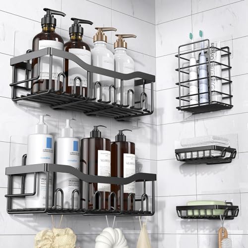 EUDELE Adhesive Shower Caddy, 5 Pack Rustproof Stainless Steel Bath Organizers With Large Capacity, No Drilling Shelves for Bathroom Storage & Home Decor - color: Black