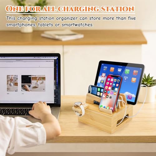Bamboo Charging Station for Multi Devices, Small Desktop Docking Stand, Cell Phone Docking Station Charger Organizer for Tablets, Smart Watch (No USB Charger No Charging Cables)