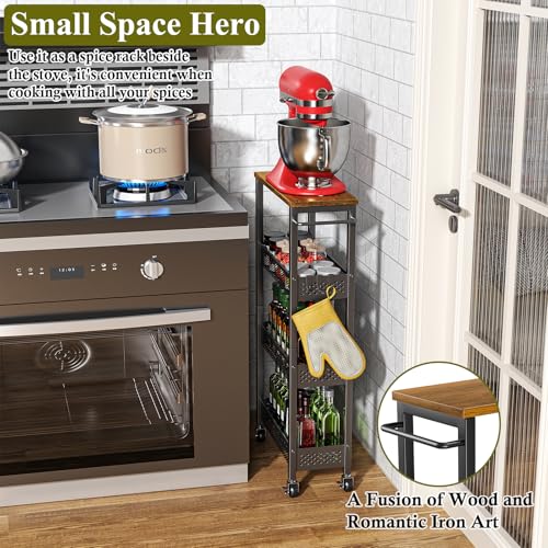 OKZEST Utility Slim Storage Cart, 4 Tier Small Rolling Kitchen Laundry Room Cart with Wood Top, Metal Narrow Bathroom Storage Cabinet Mobile Shelf Unit Organizer Trolley with Handle for Narrow Space - color: Black, size: 7.1 inch wide