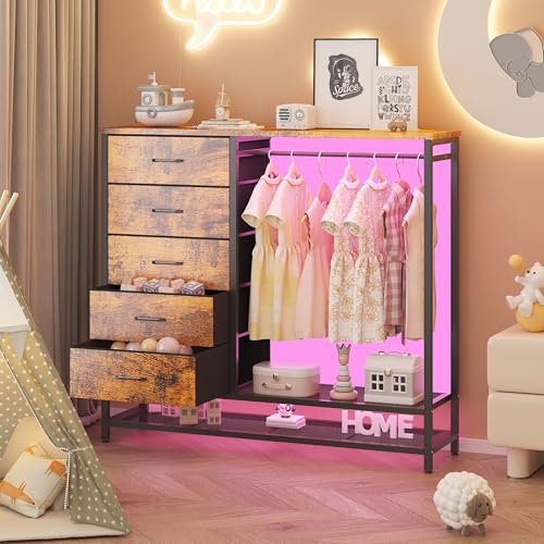 Dresser for Bedroom, Dresser with Hanging Rack Led Lights and Charging Station, Bedroom Dresser with 5 Fabric Chest of Drawers with PU Finish Storage Organizer, for Living Room Hallway Closet, Brown - color: Brown