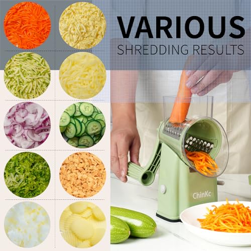 Upgrade Rotary Cheese Grater Shredder with Handle, Strong Suction Base, Multi-purpose Rotary Grater Slicer with 5 Interchangeable Blades for Ice, Vegetables, Fruit, Nuts with Blade Storage Box - color: Green