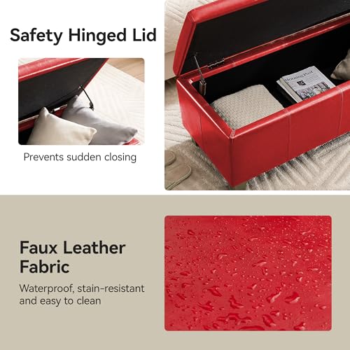 WUTUTUEE 41" Faux Leather Storage Ottoman, Stitch Tufted Rectangle Upholstered End of Bed Storage Bench, Entryway Large Couch Ottoman with Wooden Legs,Red - color: Red, size: 41 Inch