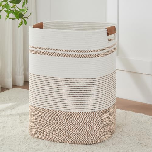 AINUOQI Laundry Basket with Handles - Blanket Basket & Hampers for Bedroom Aesthetic, Laundry Hamper & Blanket Storage for Living Room, Clothes Hamper, Tall, Large 17" x 14" x 22”, Brown & White - color: Brown & White, size: 85L