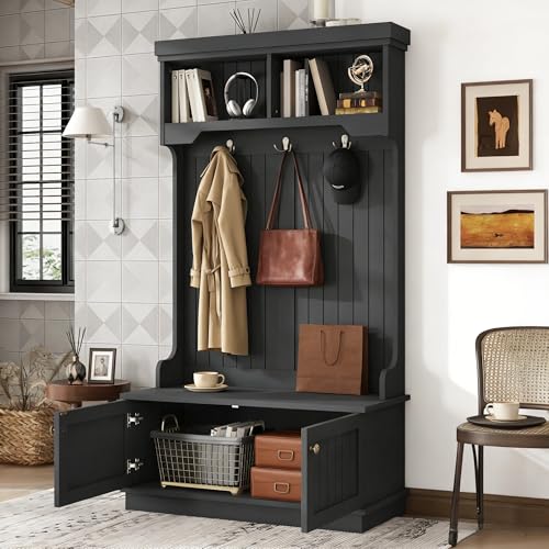 4-in-1 Entryway Hall Tree with Storage Shoe Bench, Coat Rack with Hooks, Open Shelves & Cabinet, Modern Organizer for Mudroom Hallway (Black) - color: Black