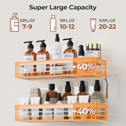 Orimade Shower Caddy with 5 Hooks for Hanging Razor and Sponge Adhesive Shower Shelf Basket Bathroom Storage Organizer Kitchen Rack No Drilling Stainless Steel Rustproof - 2 Pack,White - color: White
