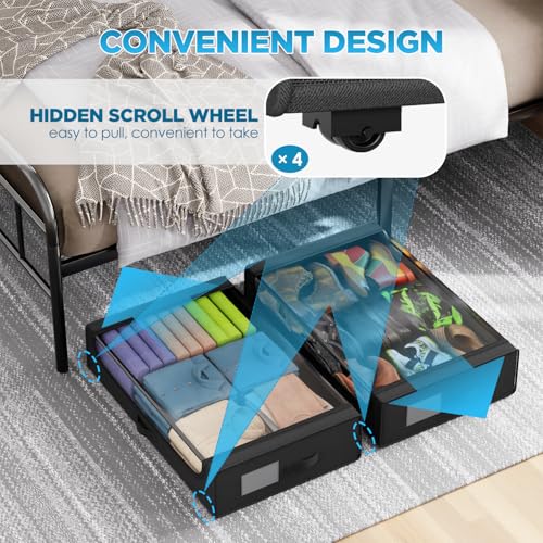 FDW Under Bed Storage Containers 2-Pack Closet Organizers Foldable Storage Bins with Clear Window Storage Containers for Shoes and Books, Black - color: Black
