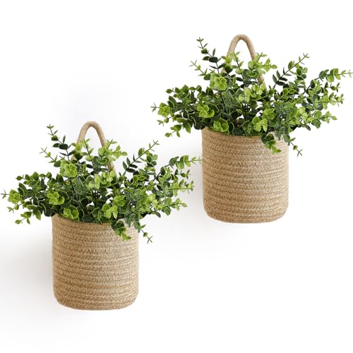 Dahey 2 Pack Wall Hanging Rope Basket (5.5"W×6.2"H) with Artificial Eucalyptus, Jute Woven Storage Organizer Flower Plants Basket Farmhouse Rustic Wall Decor for Porch Living Room Bedroom Entryway - size: 5.5"W×6.2"H