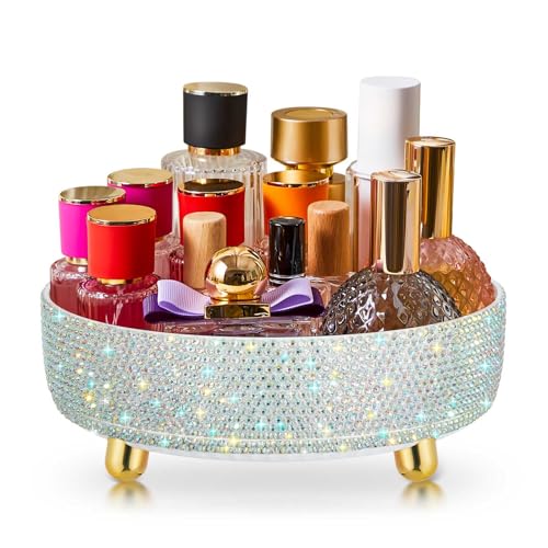 Honeydak White Bling Perfume Makeup Organizer Bling Mother's Day Nurses Day Gifts for Women Bathroom Organizers and Storage 360 Rotating Makeup Organizer for Countertop(Resin Stone) - size: Rhinestone
