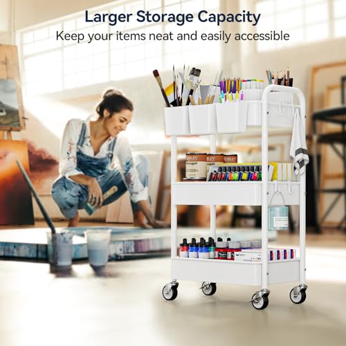YASONIC Metal 3 Tier Rolling Cart - Heavy Duty Utility Cart with Lockable Wheels, Hanging Cups, Hooks, Mesh Rolling Storage Cart Craft Cart Organizer, Lightweight and Sturdy, White - color: White